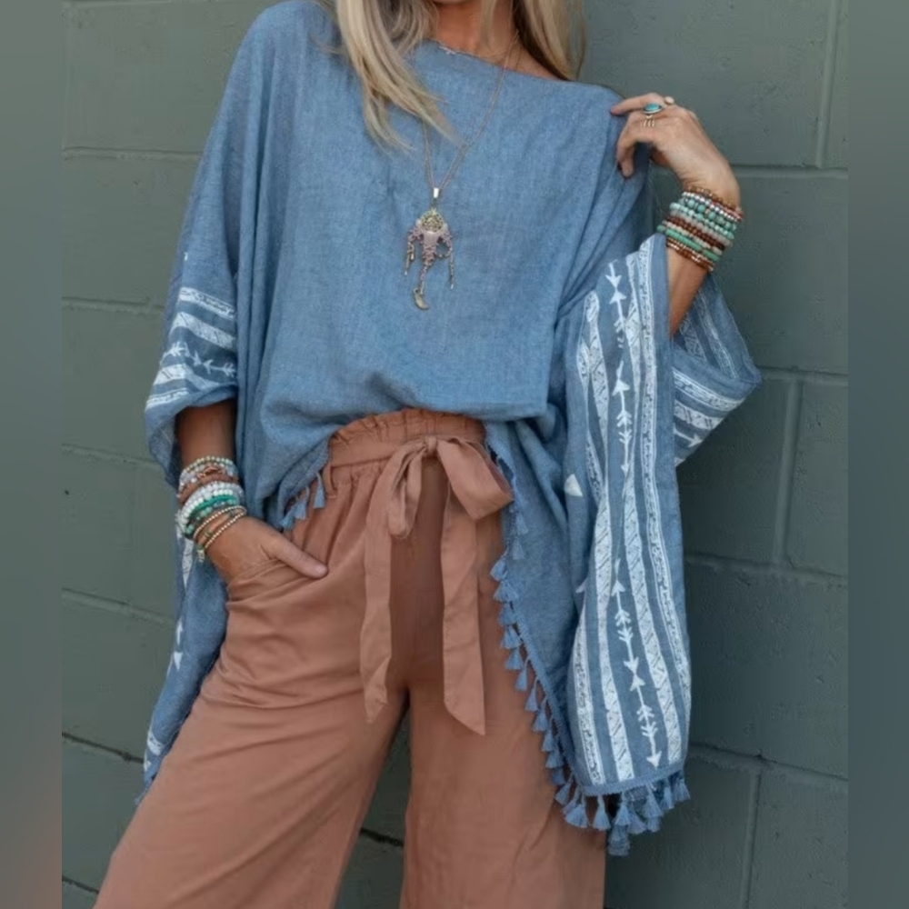 Three Bird Nest Blue Poncho Top with White Accents